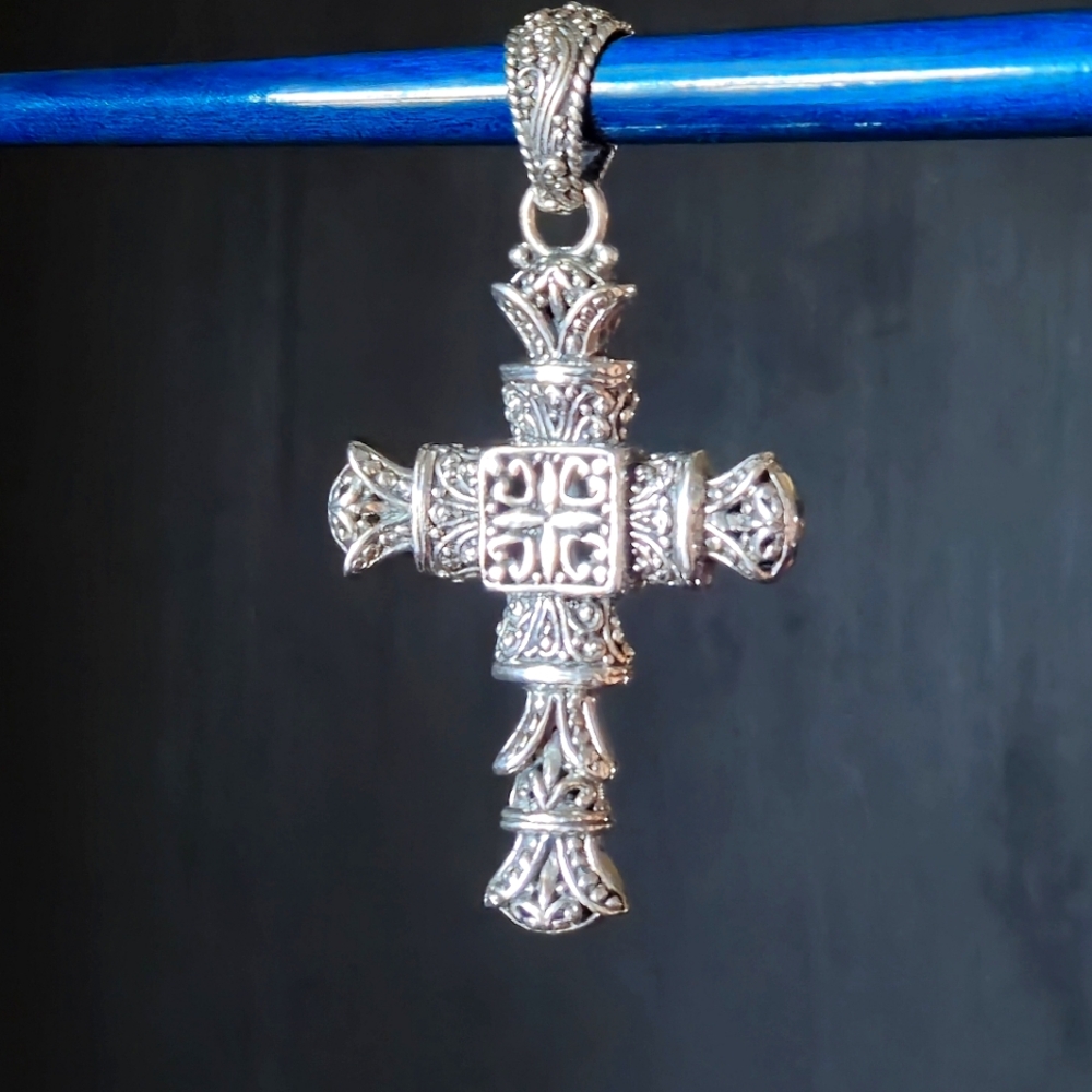 SARDA Designer Signed 925 Sterling Silver Cross Pendant 2.75" Bali - Picture 4 of 16